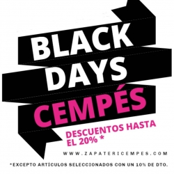 ¡EMPEZAMOS NUESTROS BLACK DAYS! Todo con un 20% dto, excepto artículos seleccionados con un 10% dto🙌🏼 Desde ahora y hasta Domingo en nuestra tienda online 💻 y Viernes y Sábado en tienda física 😇
.
.
.
#blackdays #blackfriday #zapateriacempes #comerciolocal #calzadoinfantil #ribeirapuebladelcaramiñal #boiro #portodoson #tiendaonline #descuentos #rebajas